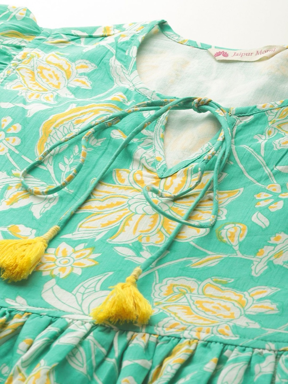 Jaipur Morni Floral Print Tie-Up Neck Puff Sleeves Pure Cotton A-Line Dress - Picture 3 of 9